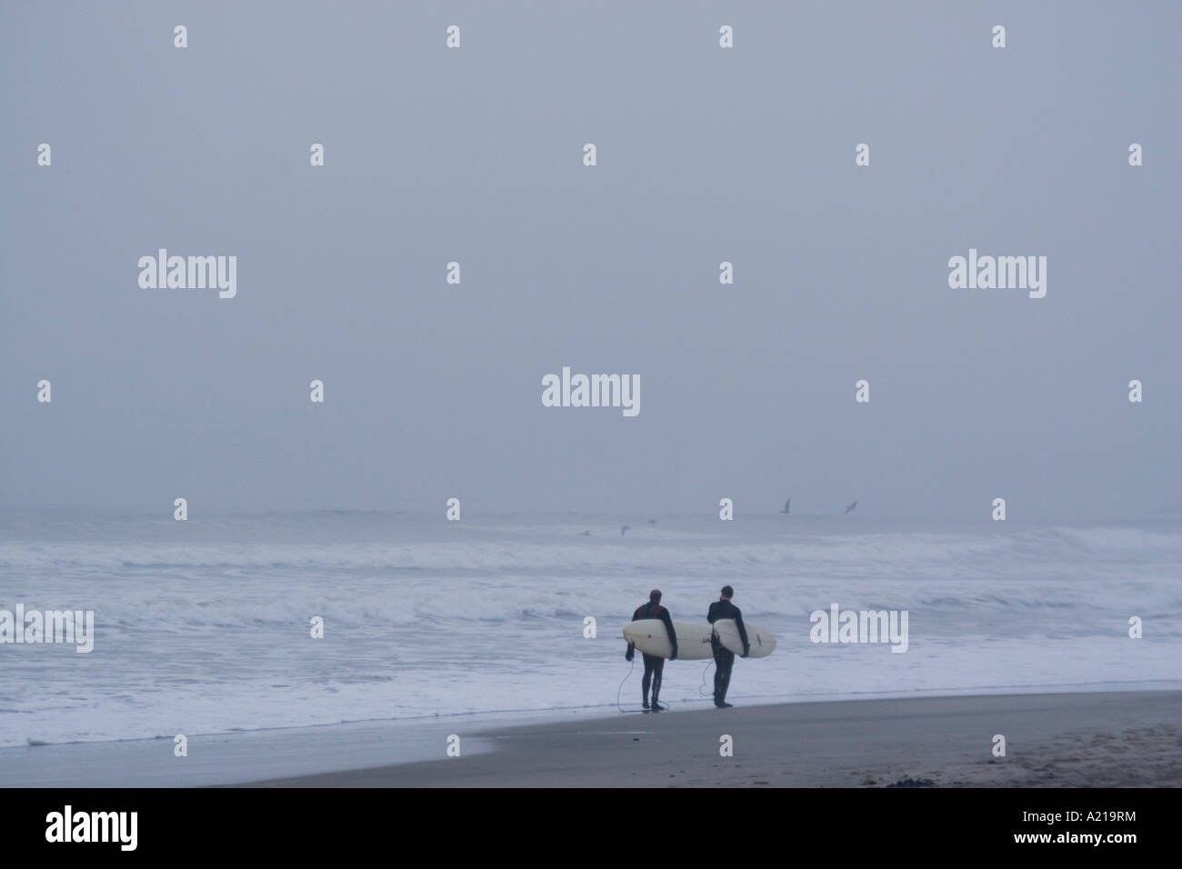 Two surfers walking at dusk along the beach in Oceanside California Stock Photo