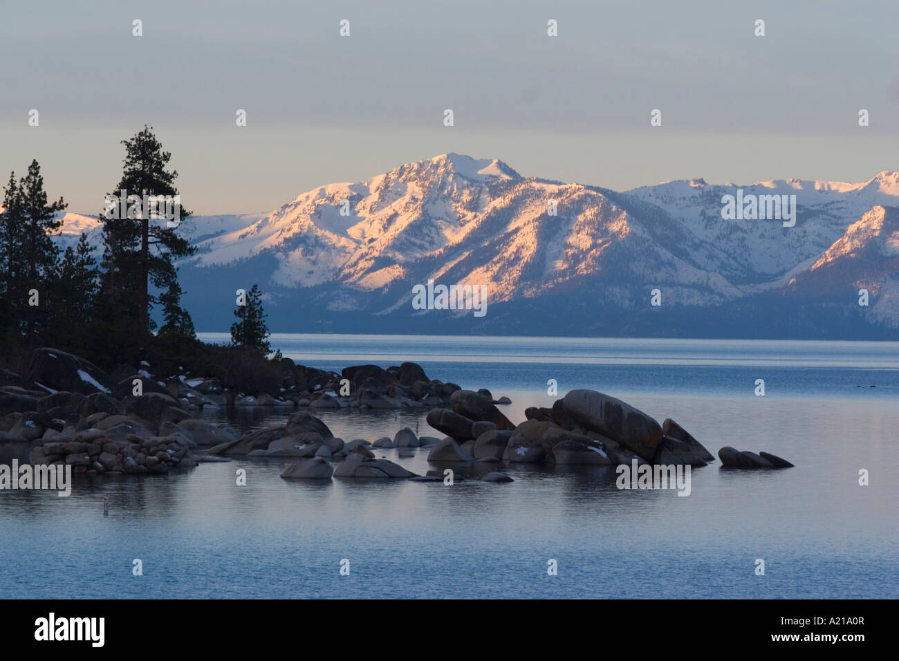 Lake Tahoe and Mt Tallac at dawn from the east shore Stock Photo Alamy