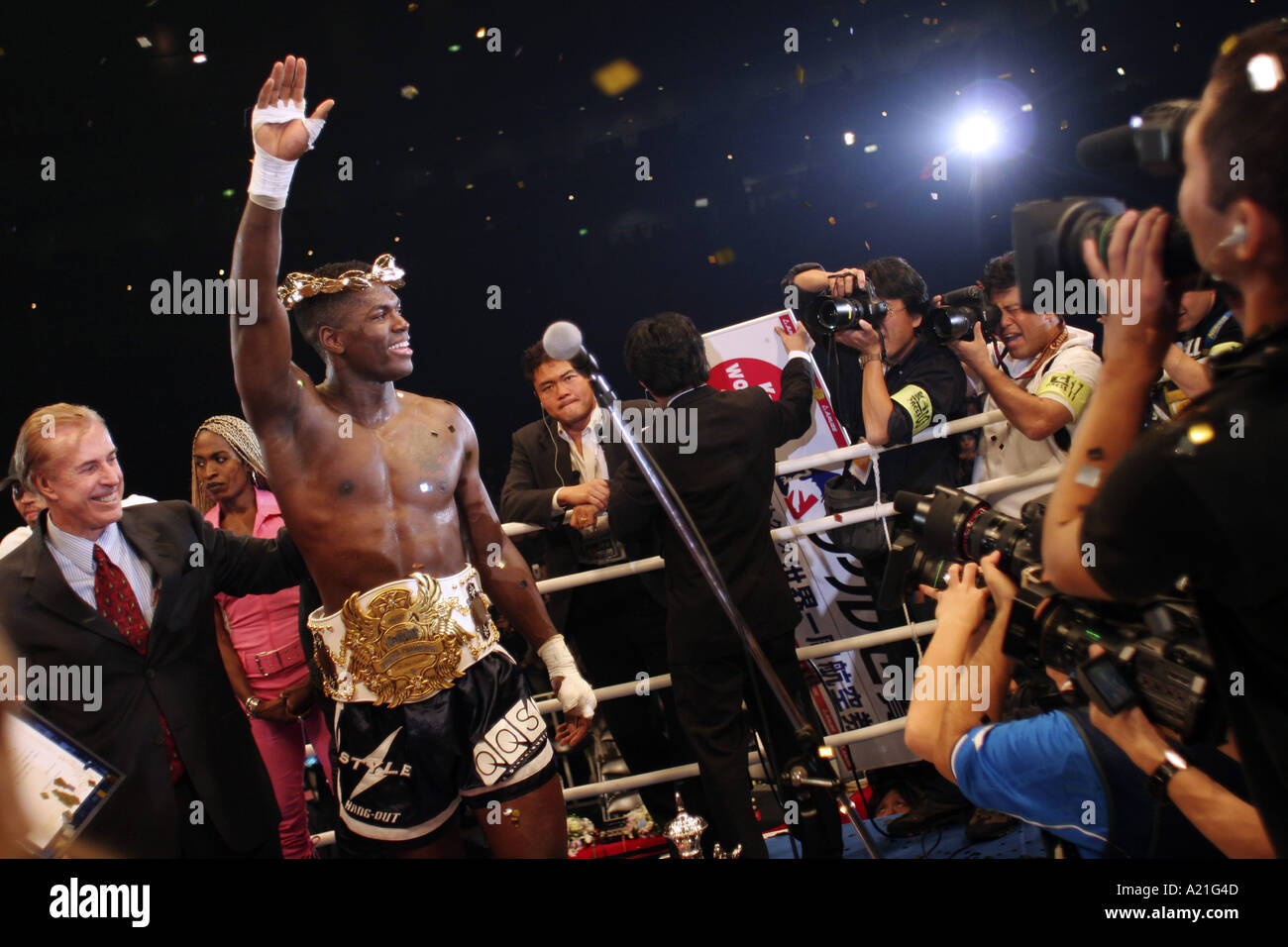 Winner and media, K-1 kick boxing fighting, Tokyo, Japan. Stock Photo
