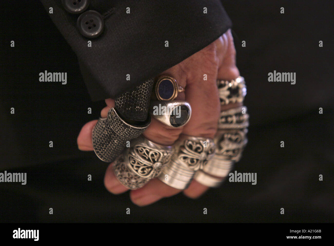 Rings on the hand of Karl Lagerfeld, german born fashion designer, Chanel fashion show, Tokyo, Japan Stock Photo