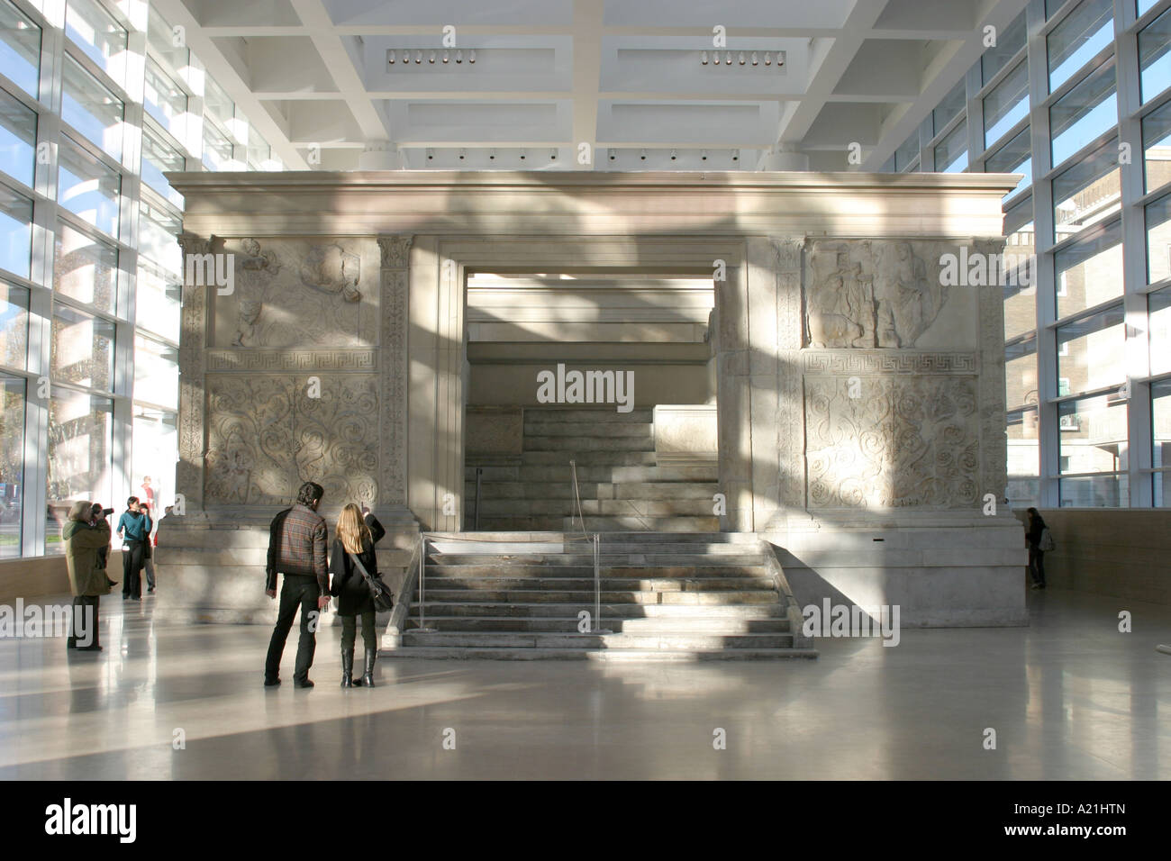 The Ara Pacis was an ancient Roman alter in Rome where the Via Flaminia crossed the Campus Martius.and is now being restored. Stock Photo
