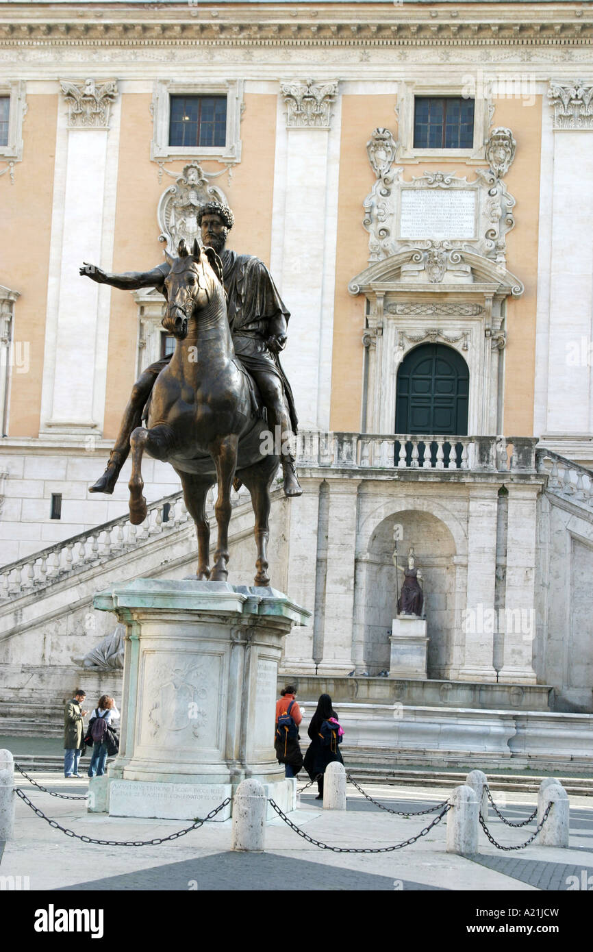 Statue of Marcus Aurelius stands in the center of the square at Capitoline Hill,Rome ,Italy Stock Photo