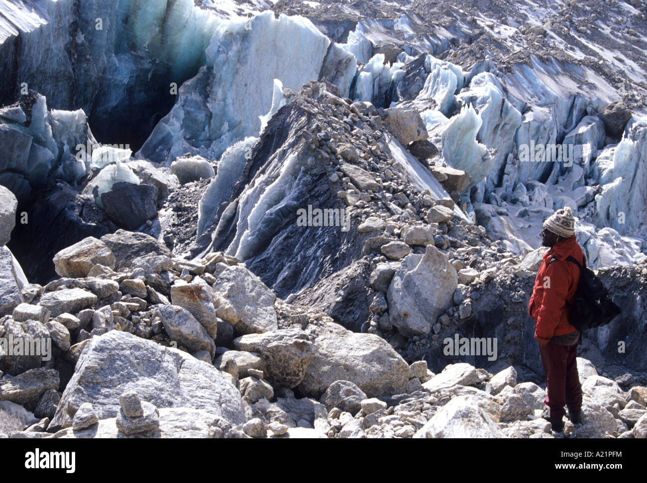 Ice Fall And Trekker Gangotri Glacier Himalaya Uttaranchal India Stock Photo Alamy