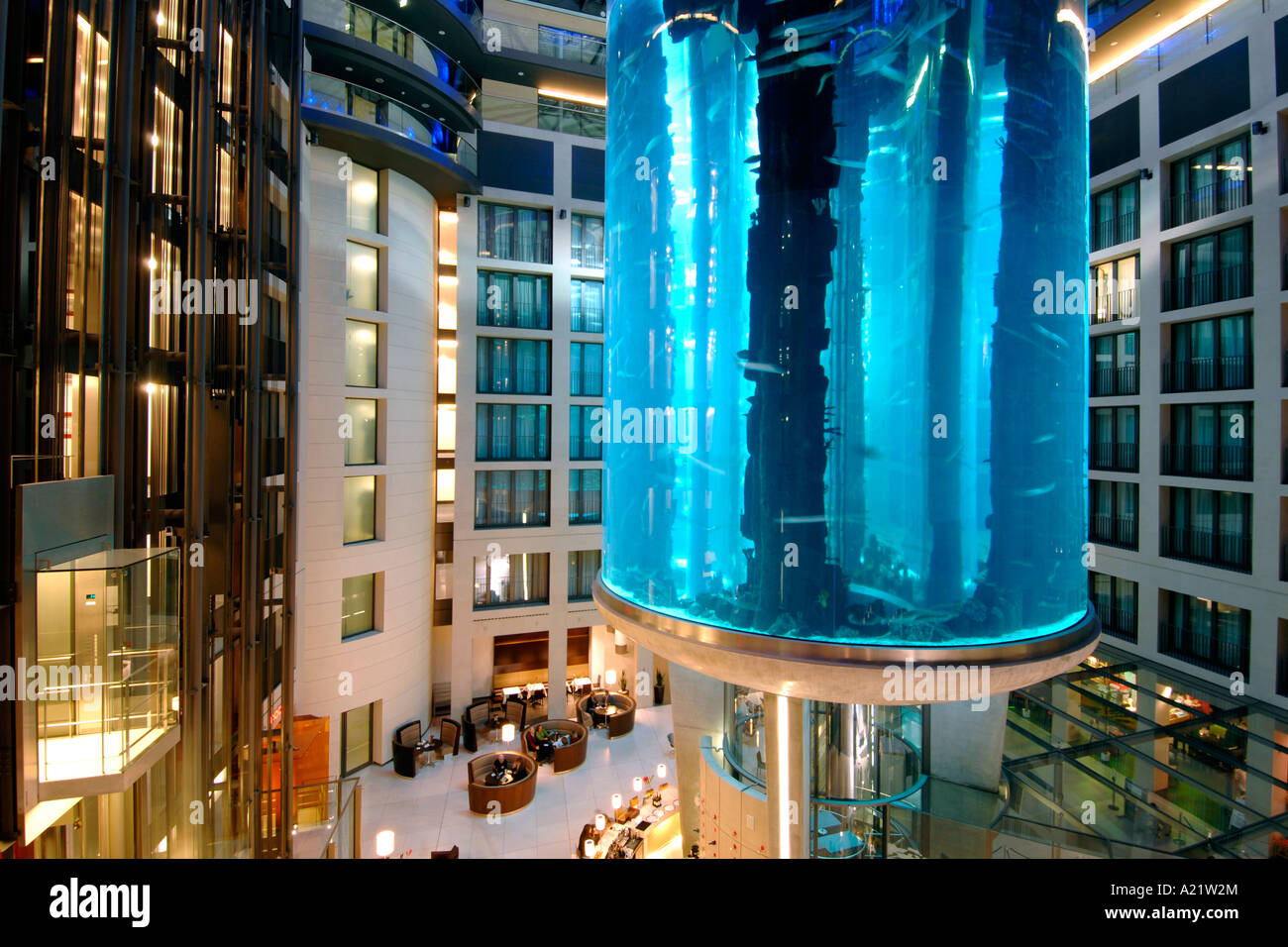 The atrium and aquarium of the Radisson hotlel on Karl Liebknecht Strasse in East Berlin. Stock Photo