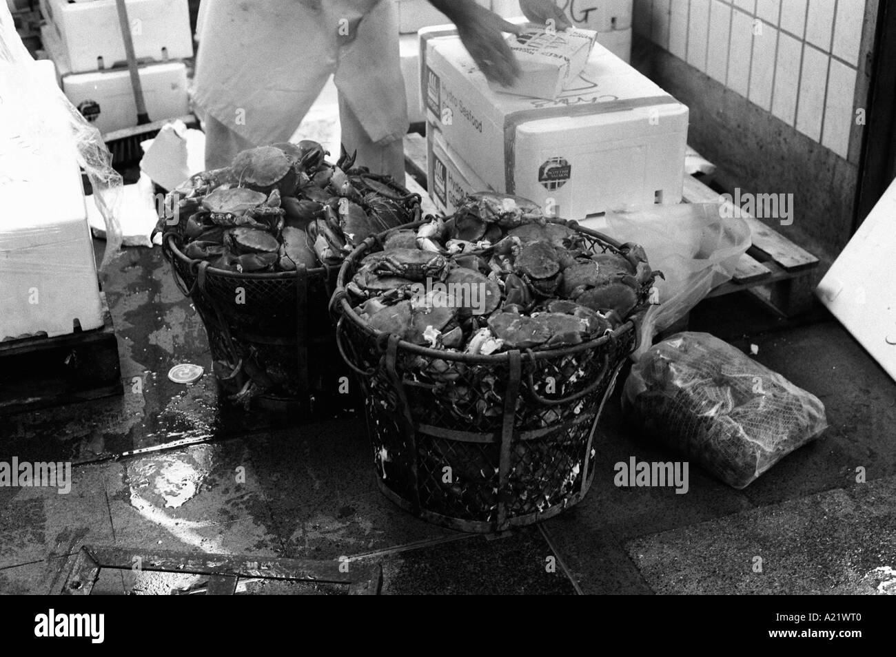 crab pots at Billingsgate market London Stock Photo