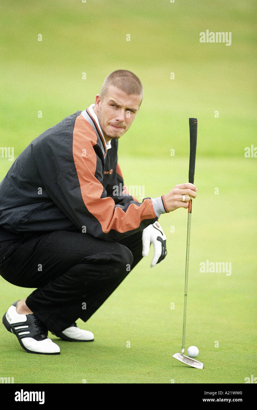 David Beckham at an England Golf day before Euro 2000 with Brooklyn written on his shoe Stock Photo