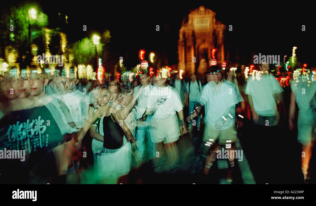 Paris France Crowd Of French Teens Roller Blading At Night On