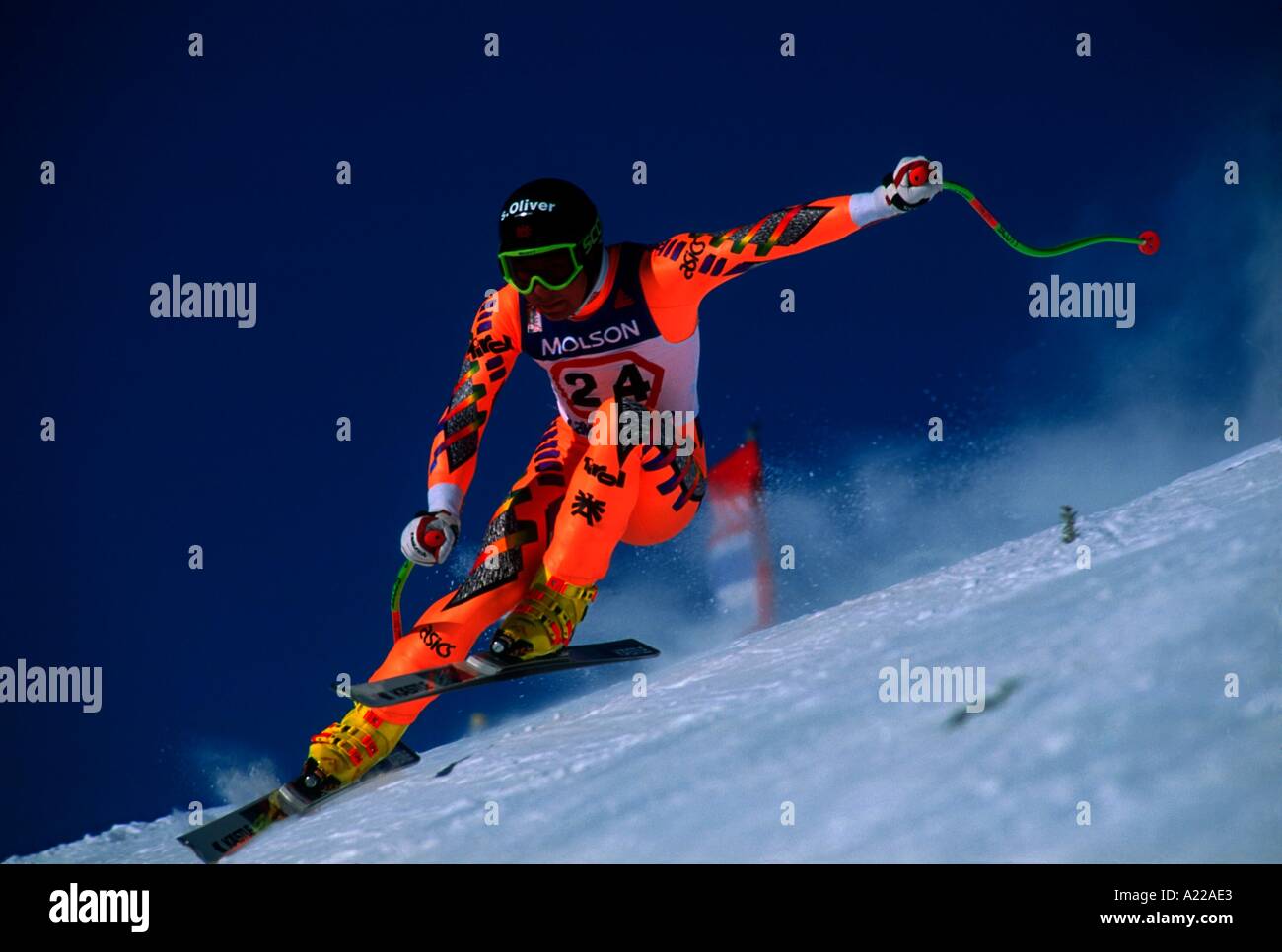 Ski racer Peter Rzehak carving at speed during race in the 1991 World Cup at Lake Louise USA I Tomlinson Stock Photo