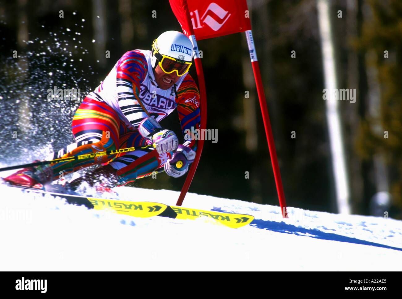Ski racer Bernhard Gstrein carving at speed during giant slalom race at the 1991 World Cup Vail USA I Tomlinson Stock Photo