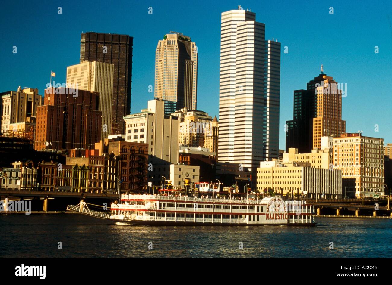 Paddle steamer against Pittsburgh skyline Pennsylvania USA J Greenberg Stock Photo