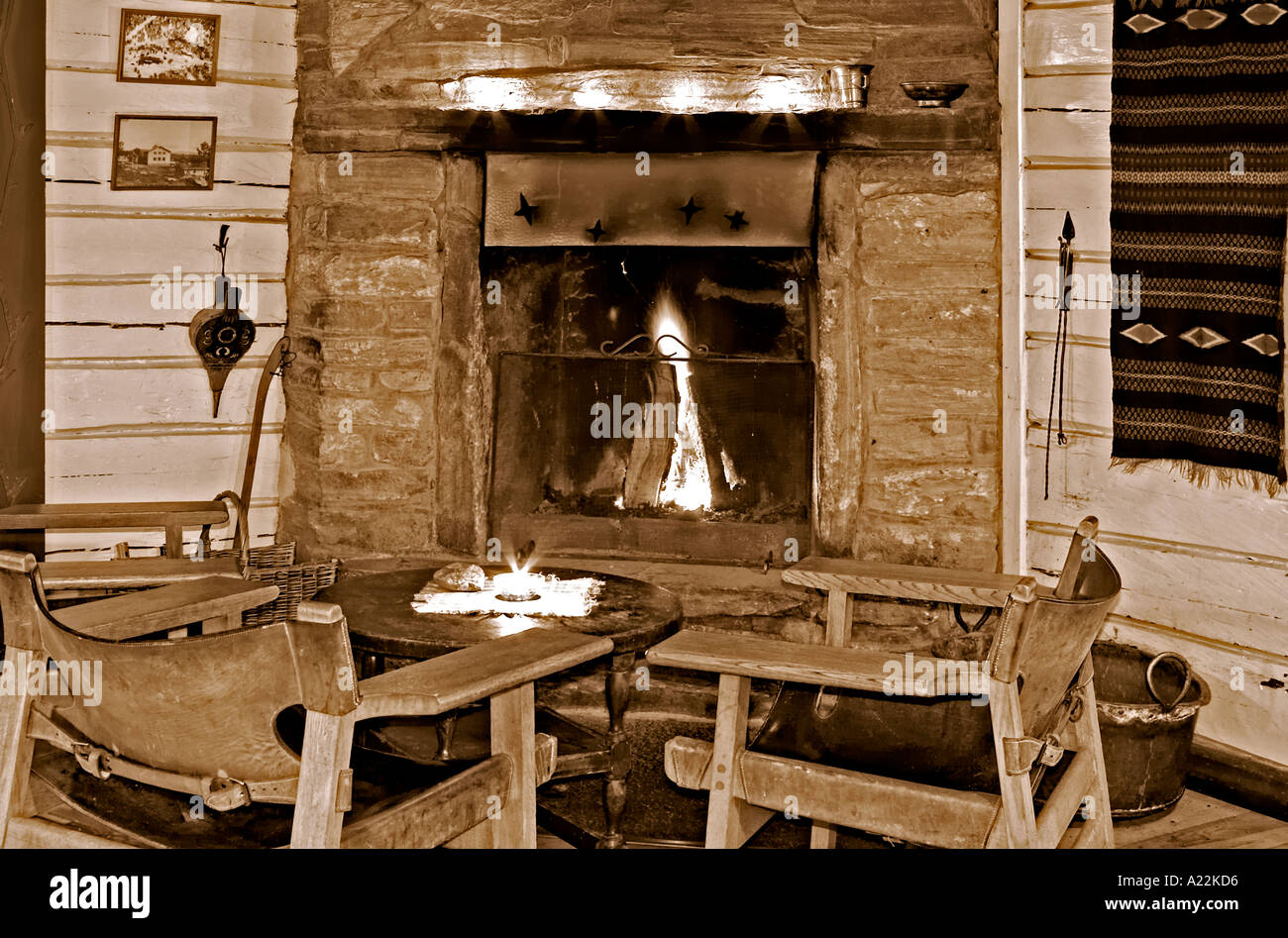 Open Wood Fireplace Of A Mountain Hotel At Night Valadalen Stock