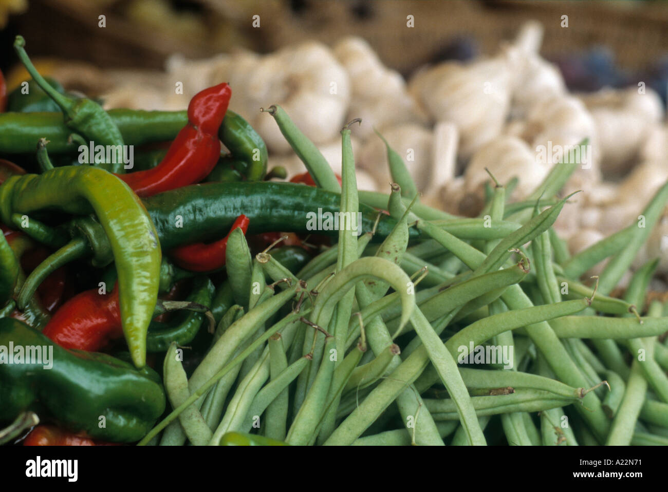 range of organic beans and chillies on sale at the english market west Cork ireland Stock Photo