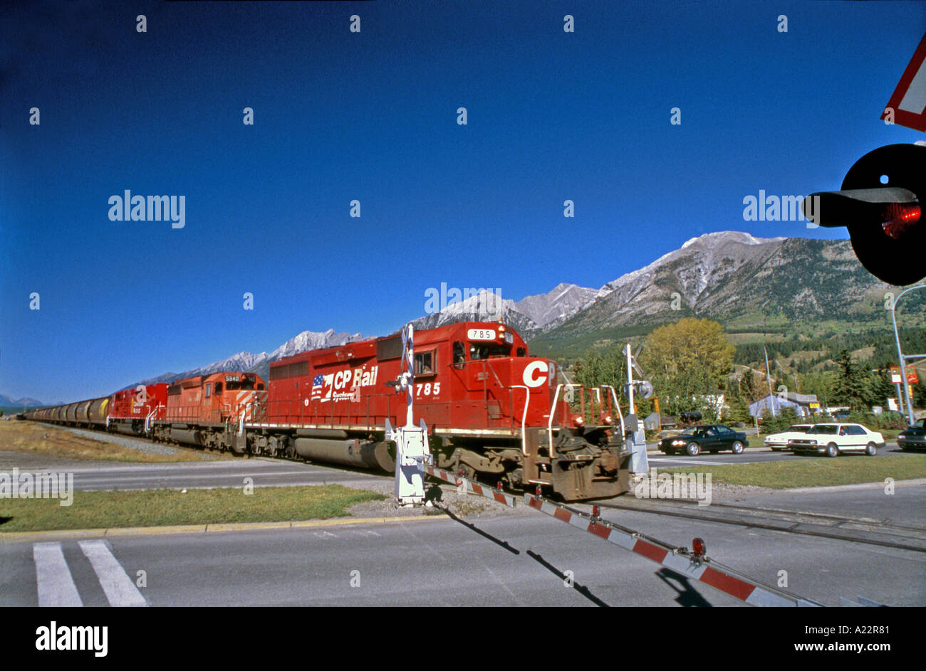 Freight Train Crossing in Canmore Canada Stock Photo