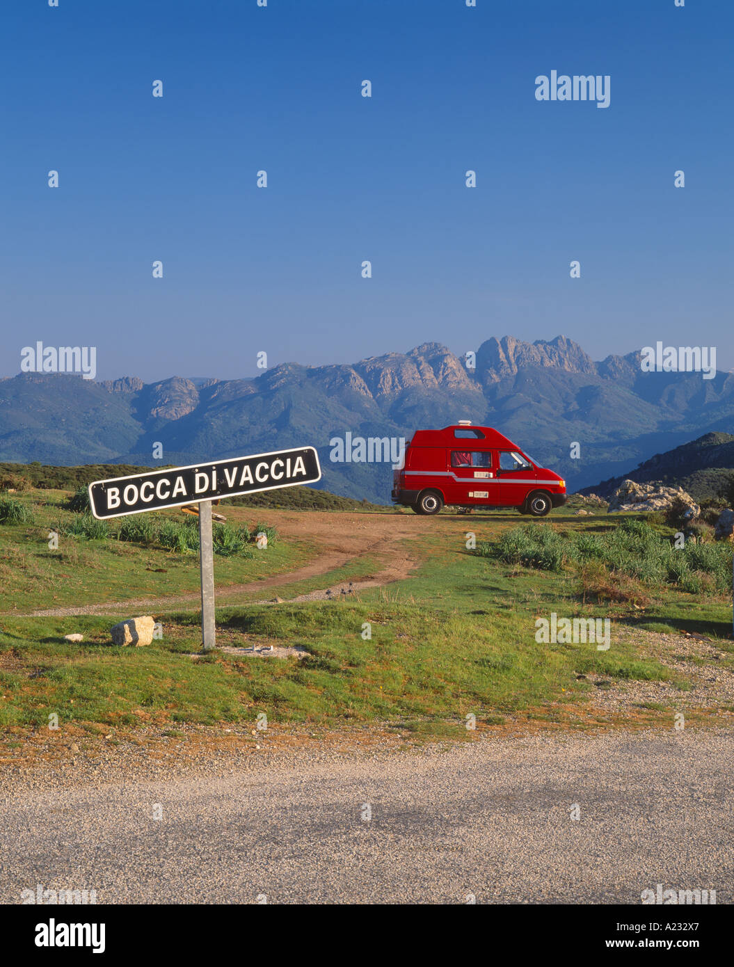 British motorhome parked on the Bocca di Vacca, Corse du Sud, Corsica, France Stock Photo