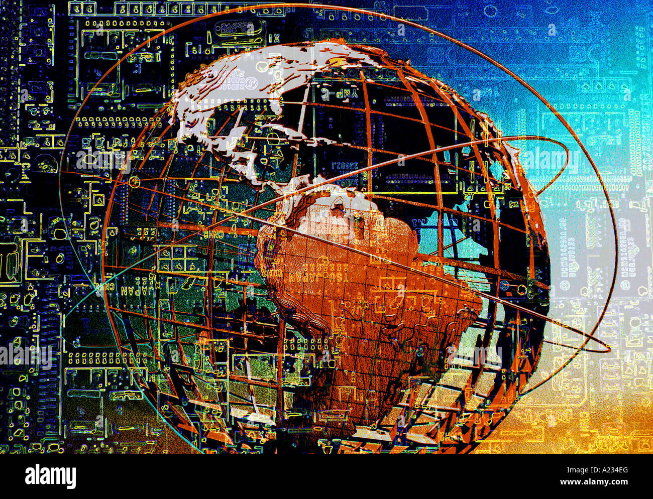 Globe and computer circuit board. Communication and connecting Stock Photo