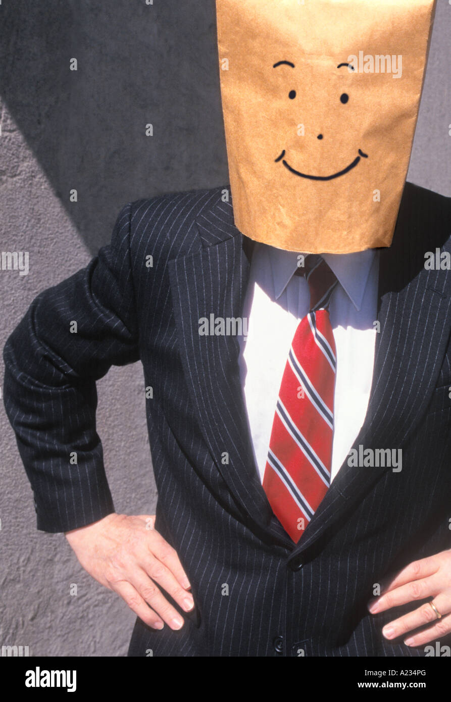 Businessman With Brown Paper Bag Over His Head Smiling Stock Photo Alamy