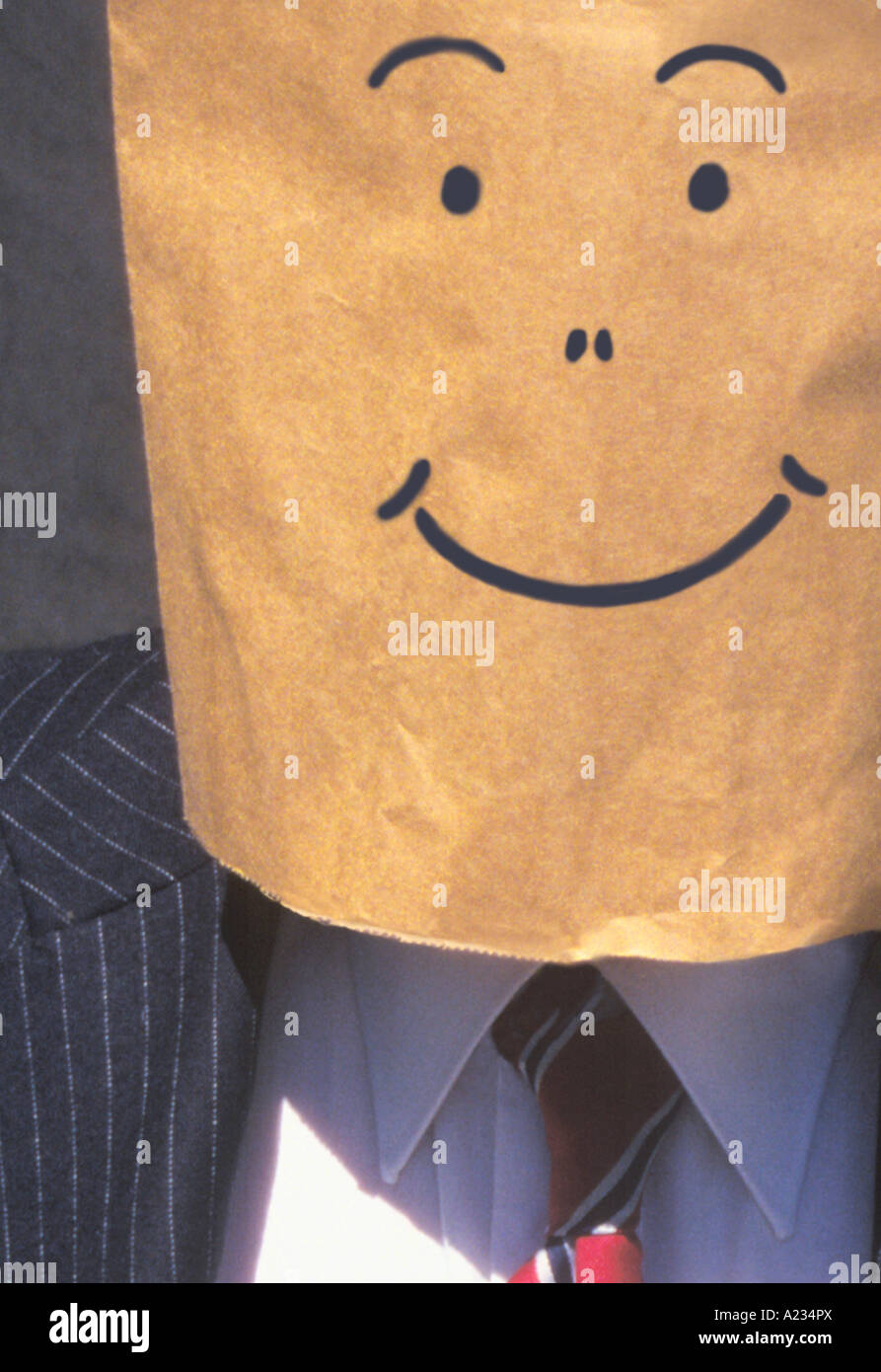 Businessman With Brown Paper Bag Over His Head Smiling Stock Photo Alamy
