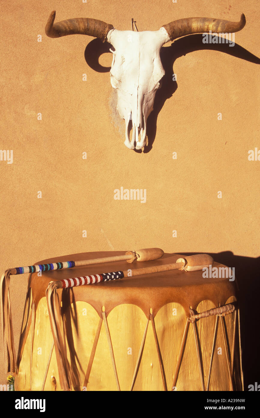 Taos New Mexico Taos Indian Pueblo drum, Southwest Moccasin and Drum Shop Stock Photo
