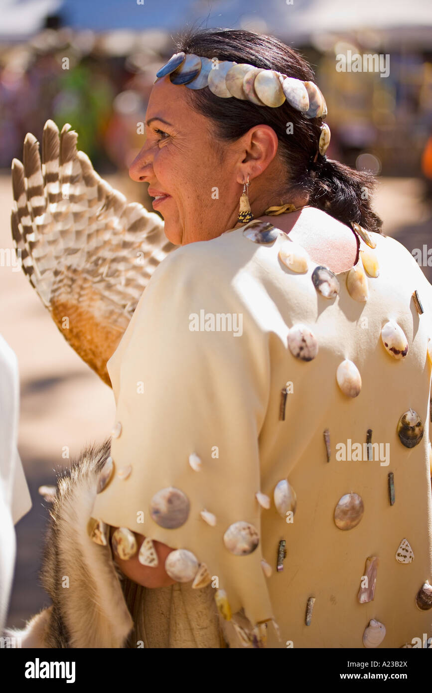 Chumash woman dressed in traditional regalia with shells Chumash Inter Tribal Powwow Santa Ynez Valley Santa Barbara California Stock Photo