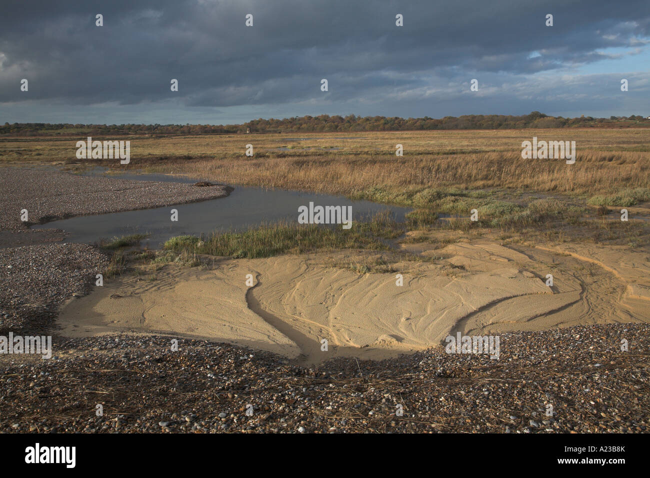 Innundation Dingle marshes by sea water flooding coastal bar breach by storms south of Walberswick, Suffolk, England- Nov 200 Stock Photo