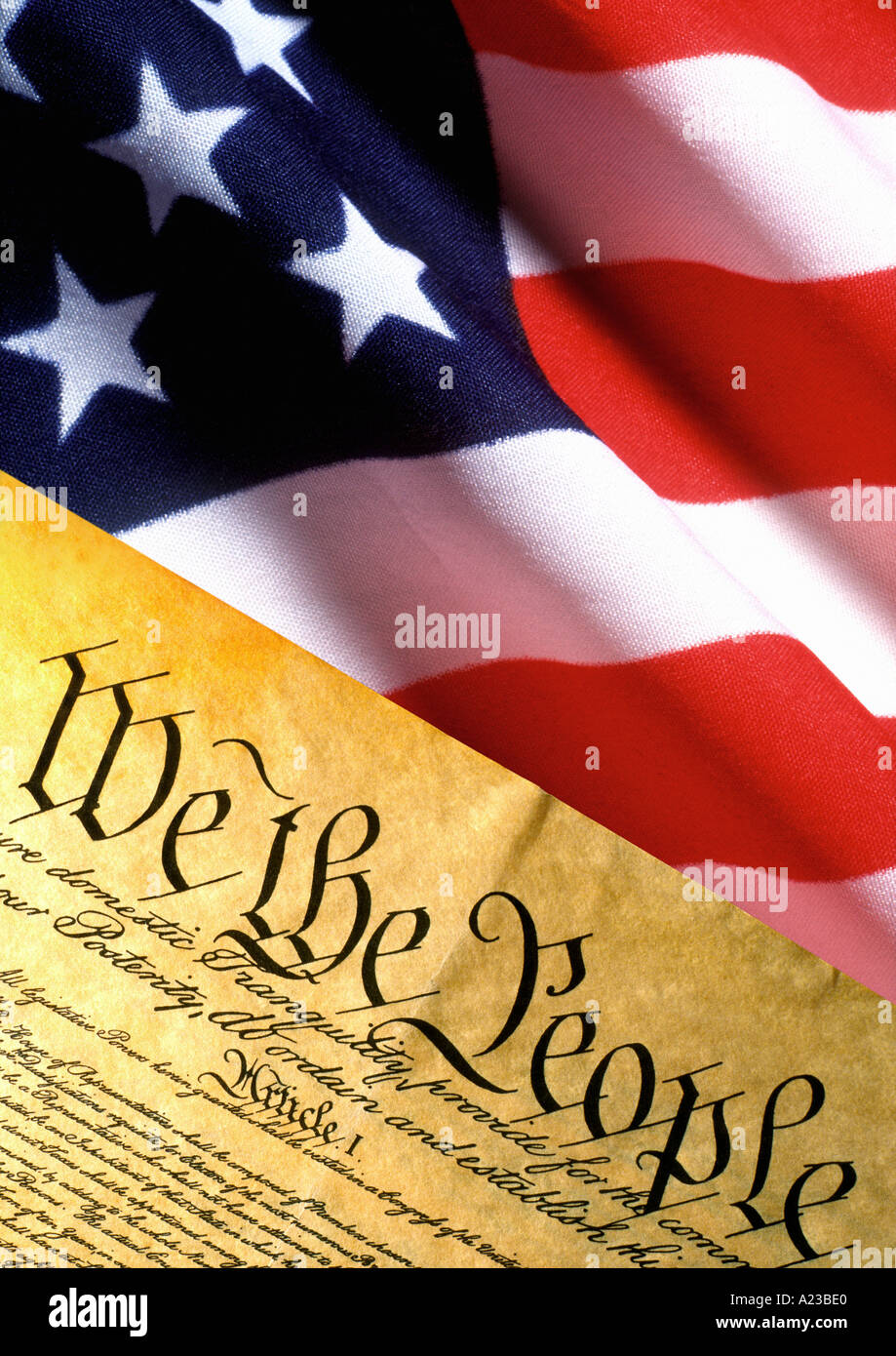American Constitution and US flag Stock Photo