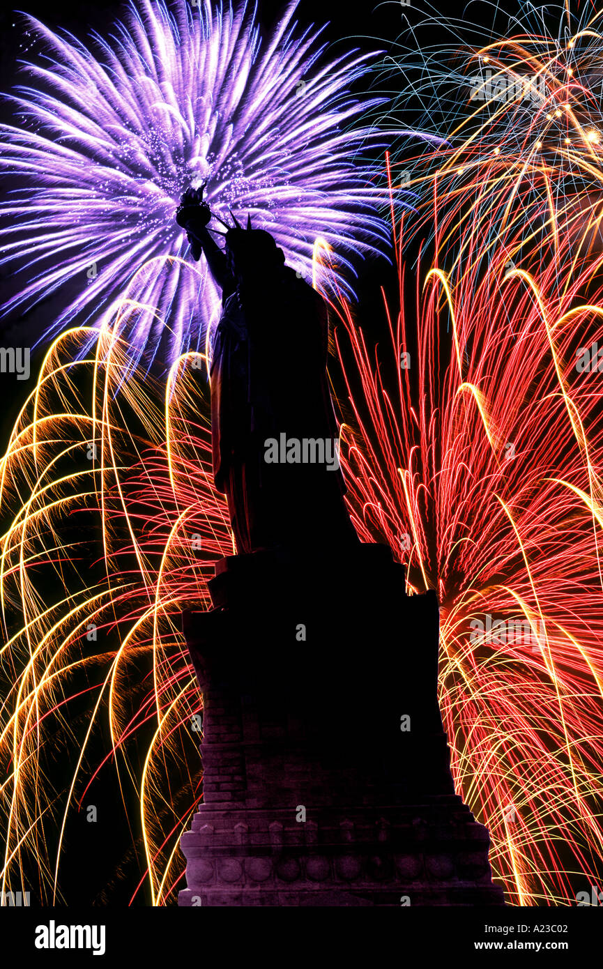 Fireworks with Statue of Liberty New York USA Stock Photo Alamy
