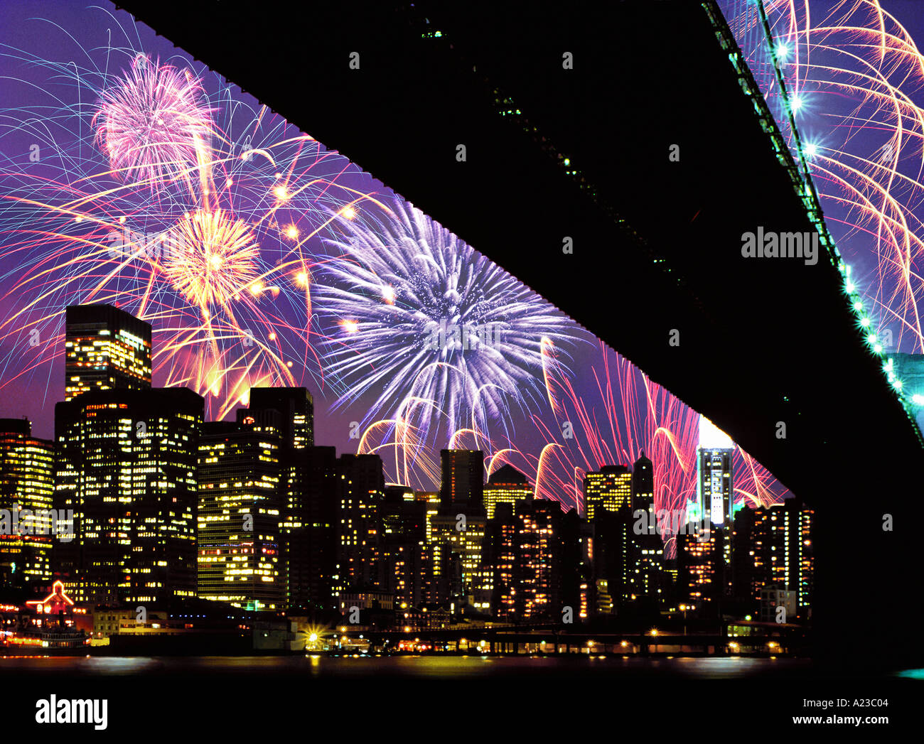 fireworks over Manhattan skyline New York USA Stock Photo Alamy