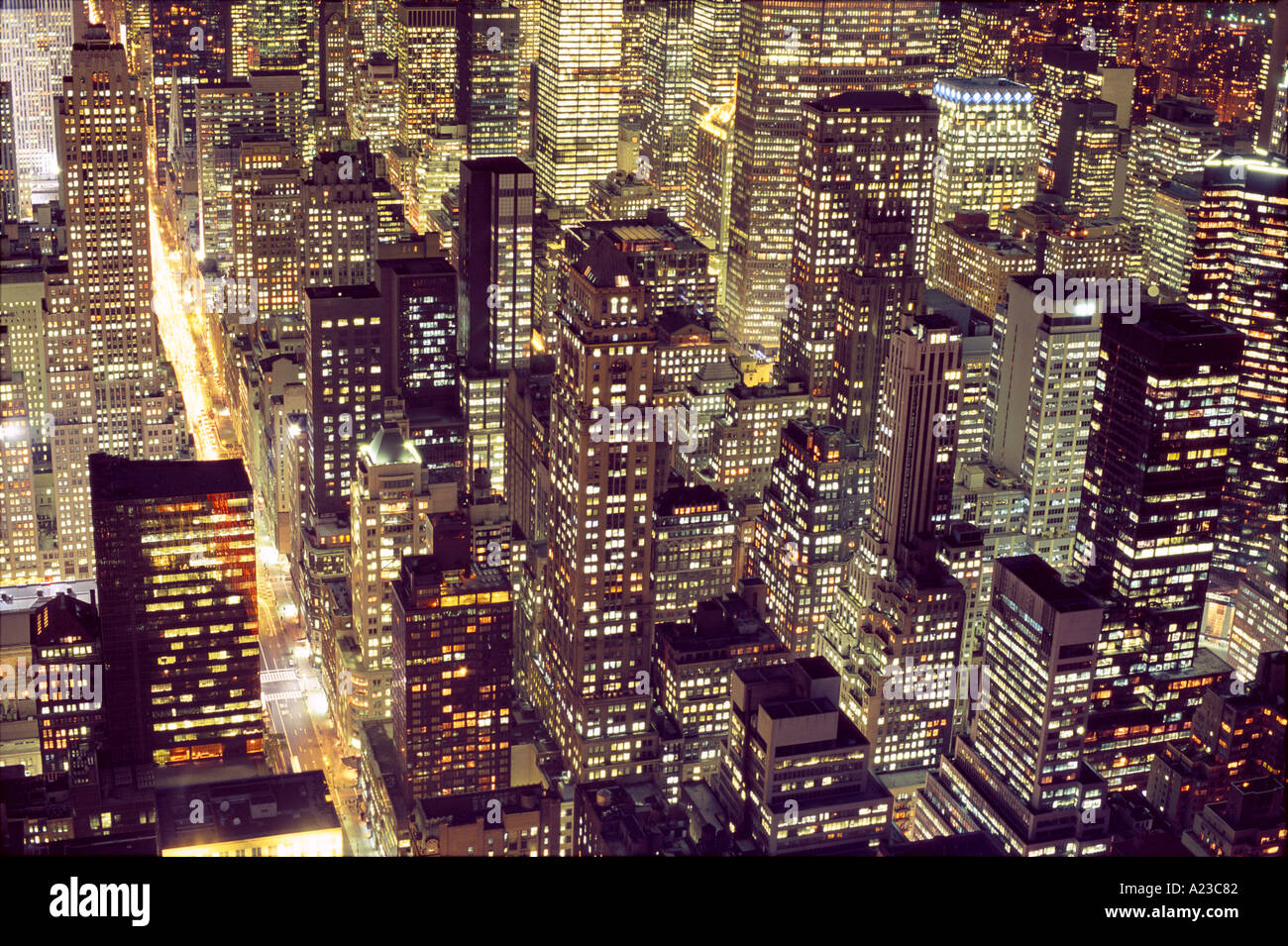 USA New York New York City aerial view of Manhattan at night Stock Photo