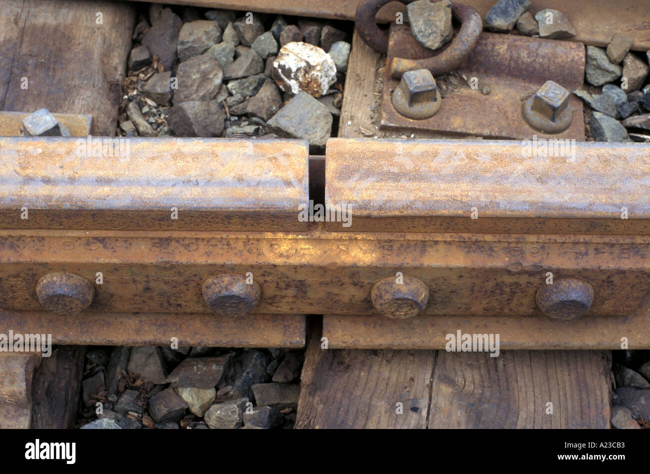 an expansion gap in a railway line and fish plate holding the rails
