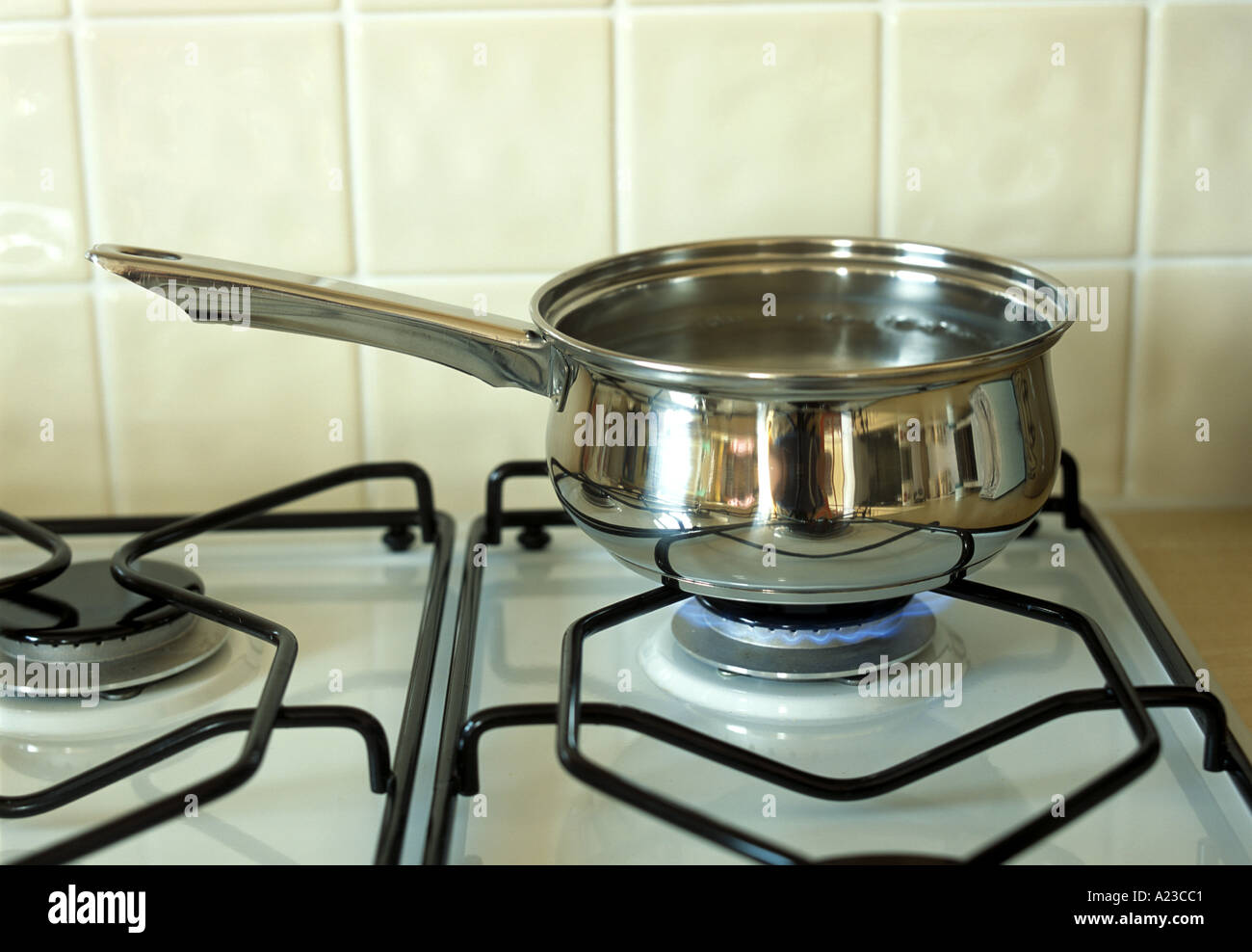 a saucepan with a conducting metal handle boiling water on gas hob