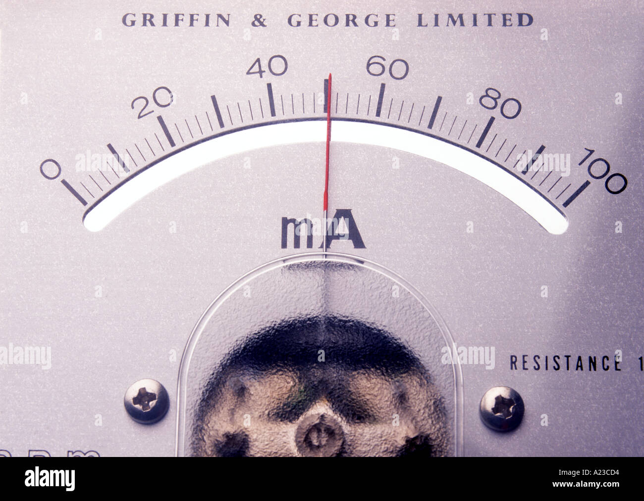 a milliammeter showing no parallax between needle and its image Stock
