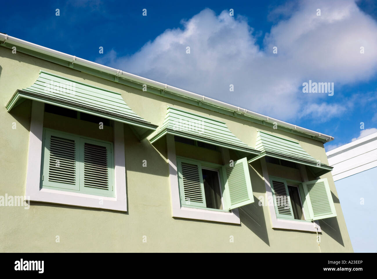 Window hoods and shutters, office building, Bridgetown, Barbados Stock