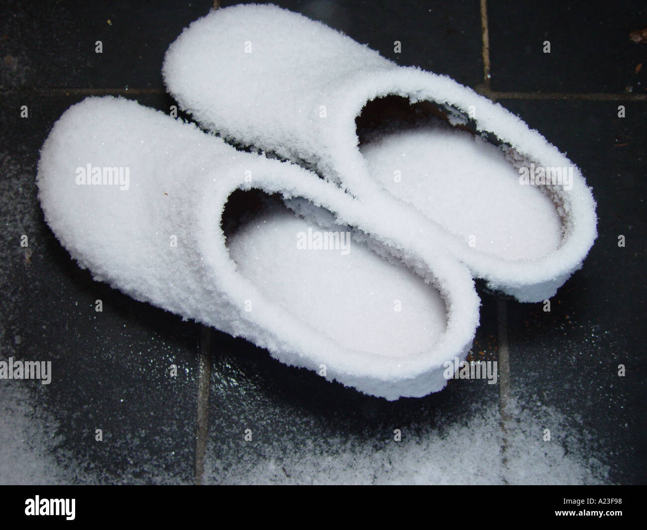 Wooden shoes with rime in winter Stock Photo