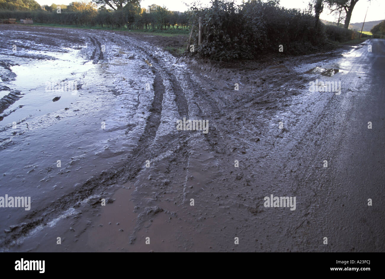 Soil Erossion Mud from a farmers field runs onto a road after hearvy rain near Ross on Wye Herefordshire England Stock Photo