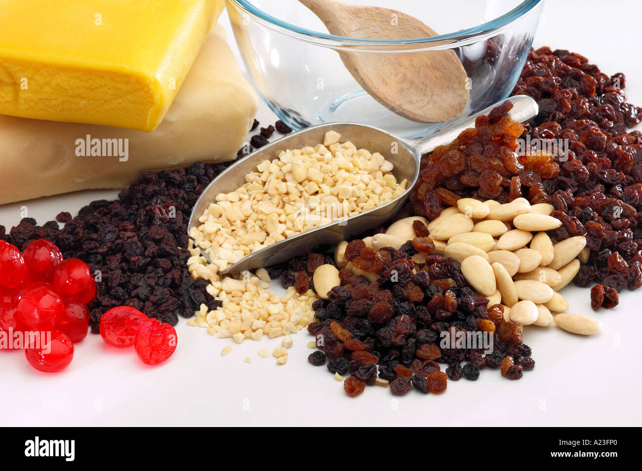 Selection of dried fruit nuts and marzipan raisins sultanas currants cherries almonds chopped whole Stock Photo