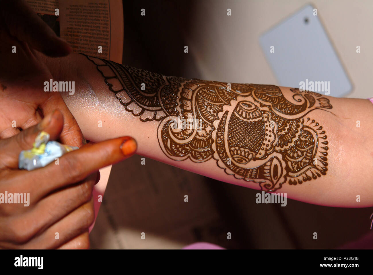 Bride's arm decorated with hena A sort of temporary tattoo INDIAN WOMAN