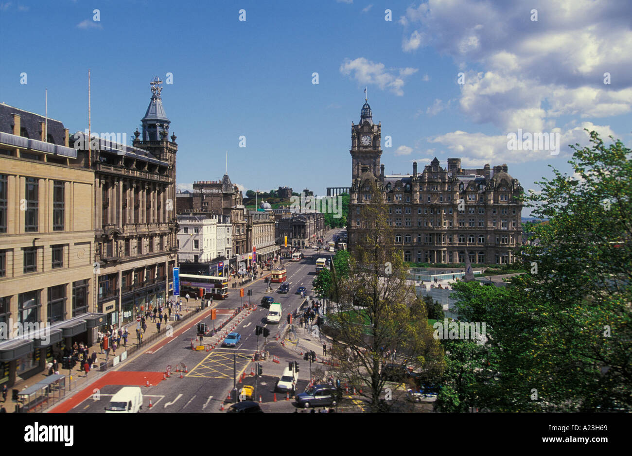 Aerial View of Princes street Edinburgh main shopping street from the