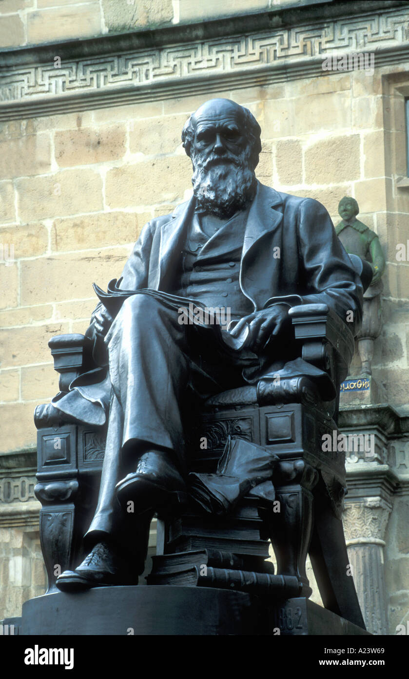 Charles Darwin statue outside Castle Gates Public Library Shrewsbury Shropshire England UK GB British Isles Stock Photo