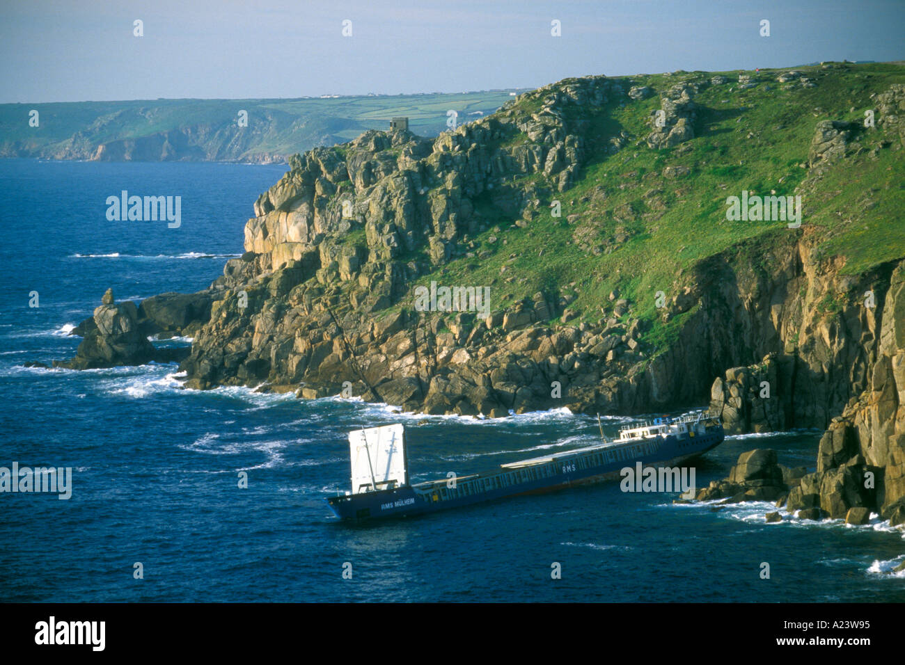 Lands End shipwrecked oil tanker on rocks Land s End Cornwall England UK United Kingdom GB Great Britain Europe Stock Photo