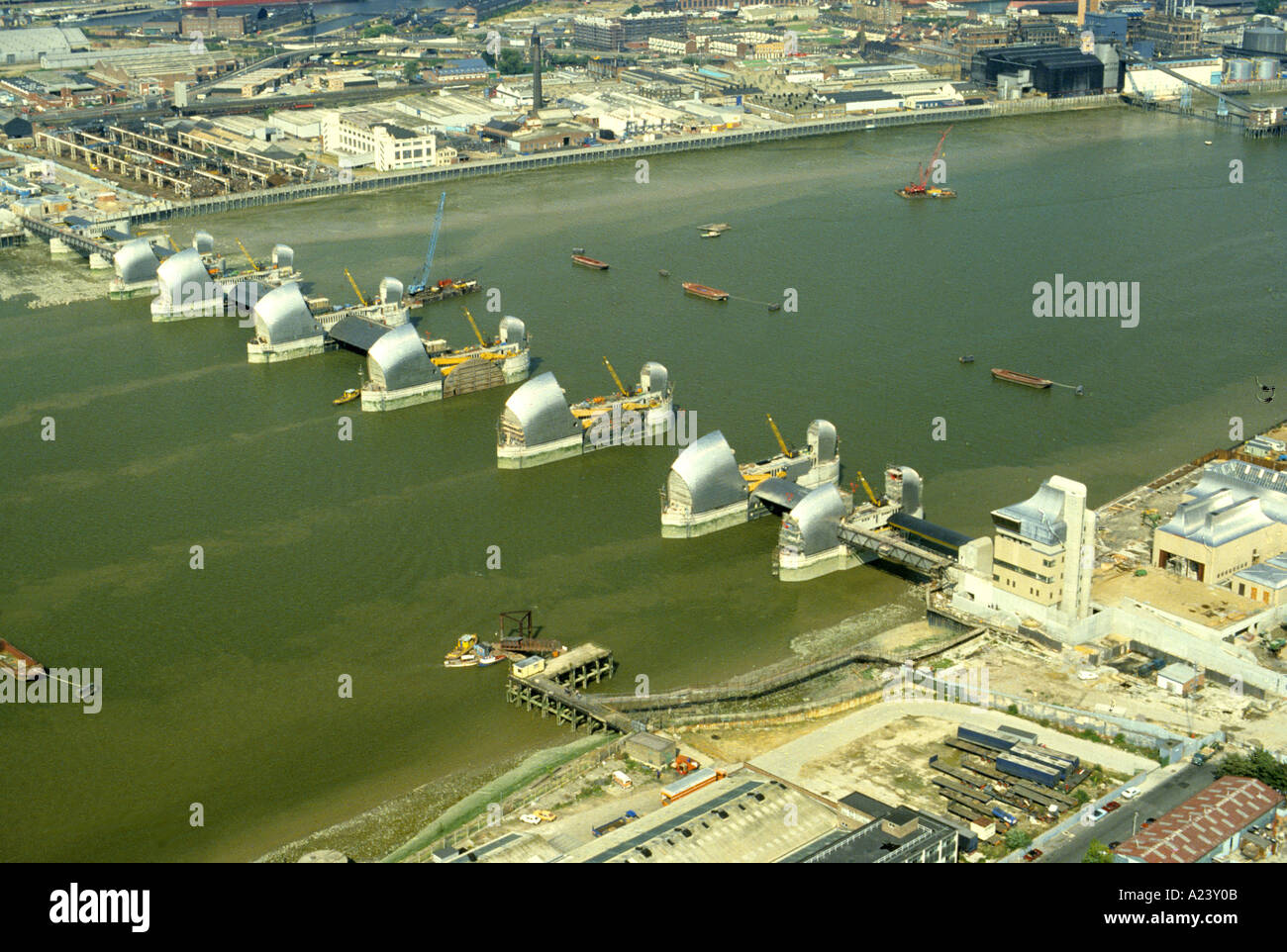 ARIAL VIEW OF THE THAMES BARRIER LONDON UK Stock Photo