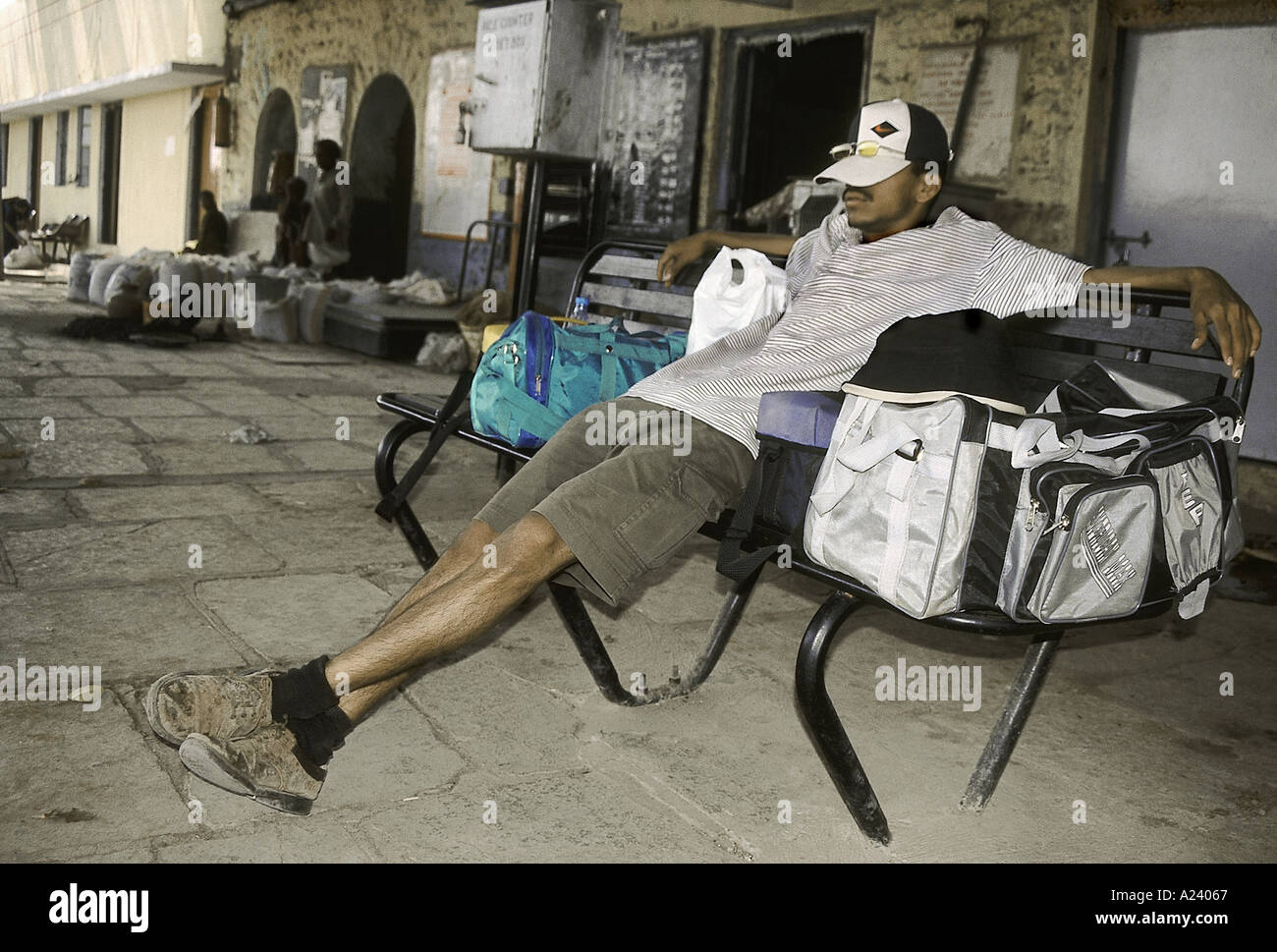 Passenger waiting for the train at the railway station. Andra Pradesh, India. Stock Photo