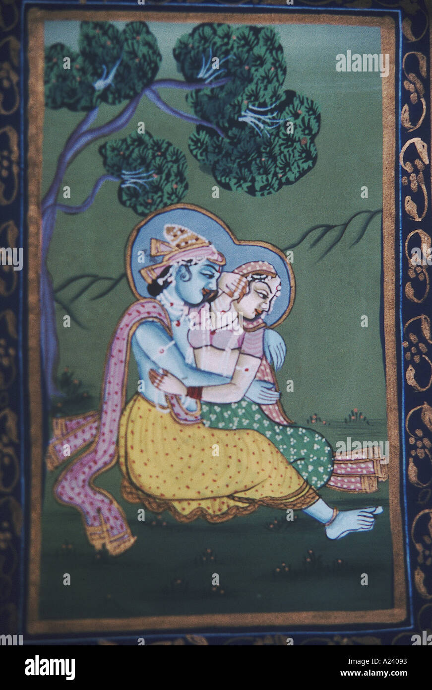Radha and Krishna. Rajasthani painting. India. Stock Photo