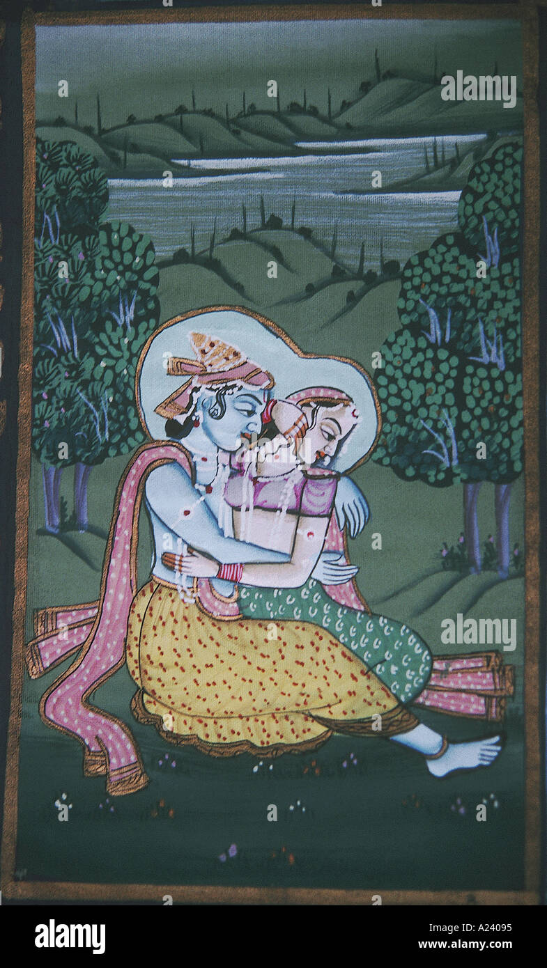 Radha and Krishna. Rajasthani painting. India. Stock Photo
