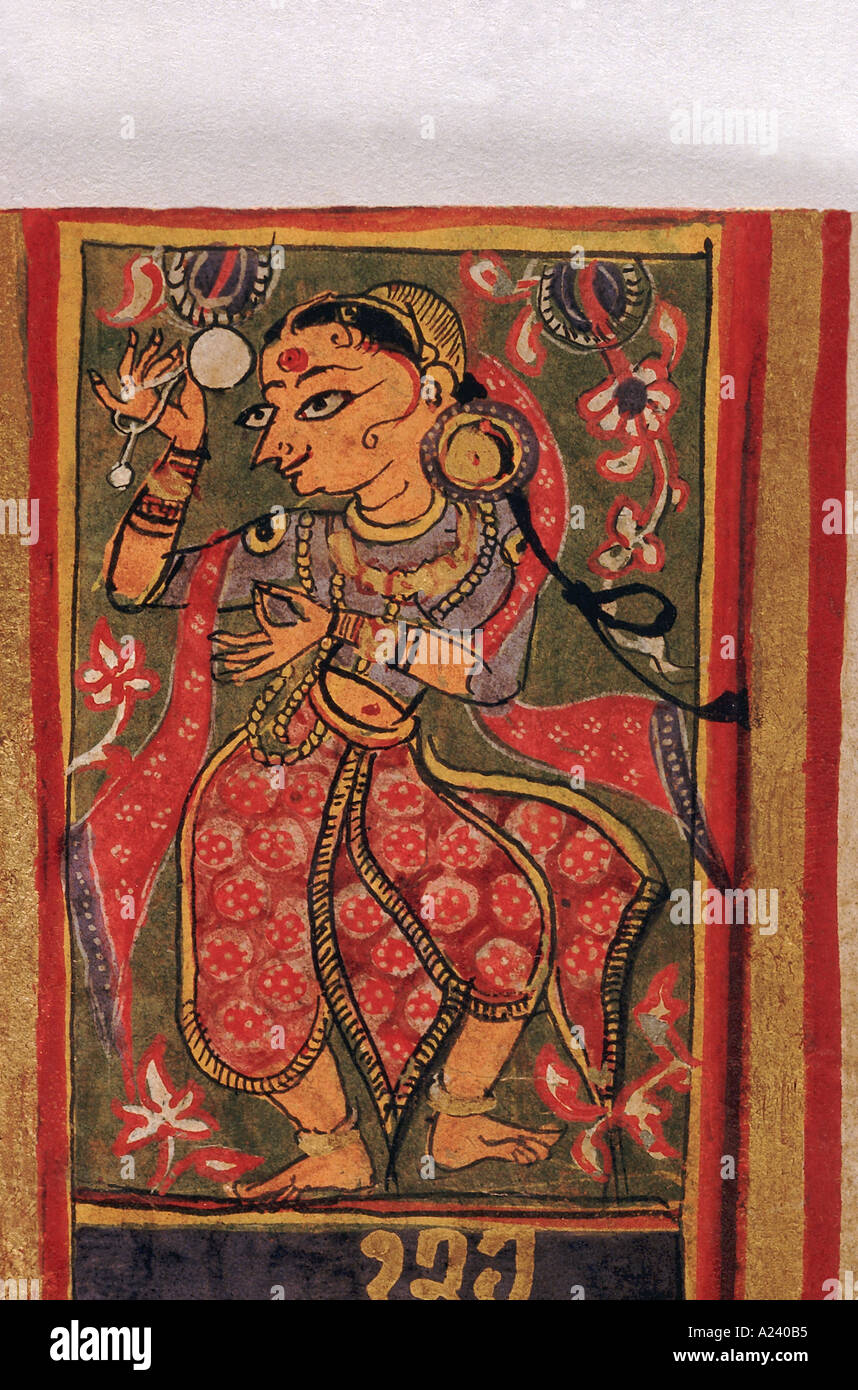 Portrait of a dancer etched on the border of a Jain manuscript. Dated: 1475 A.D. Stock Photo