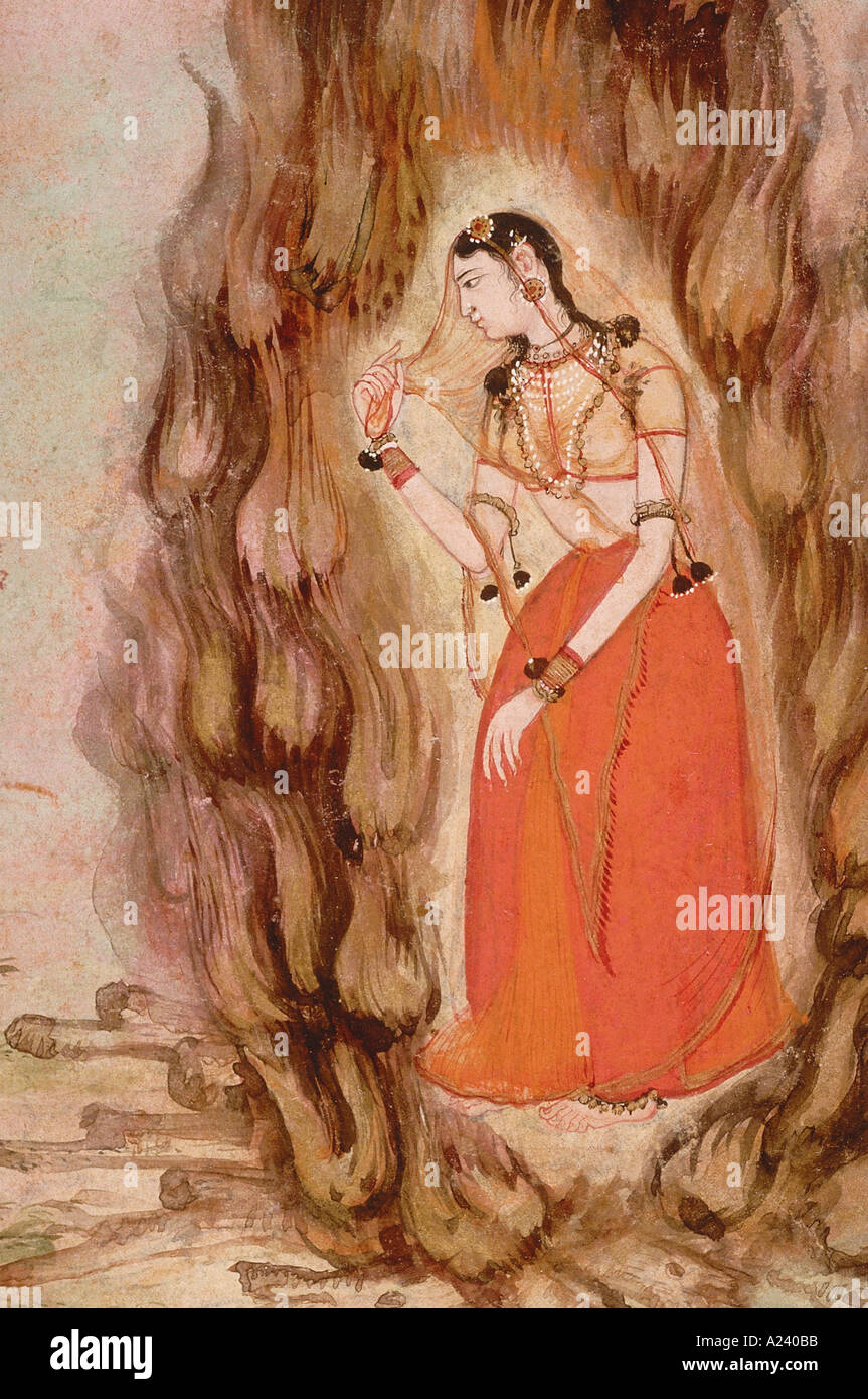 Sita's ordeal through fire. Raj Mugh Ramayana. Dated: 1600 A.D. Stock Photo