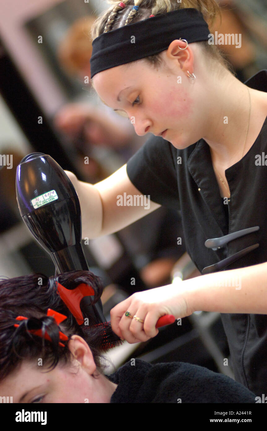 British young female teacher student beauty treatment hairdressing