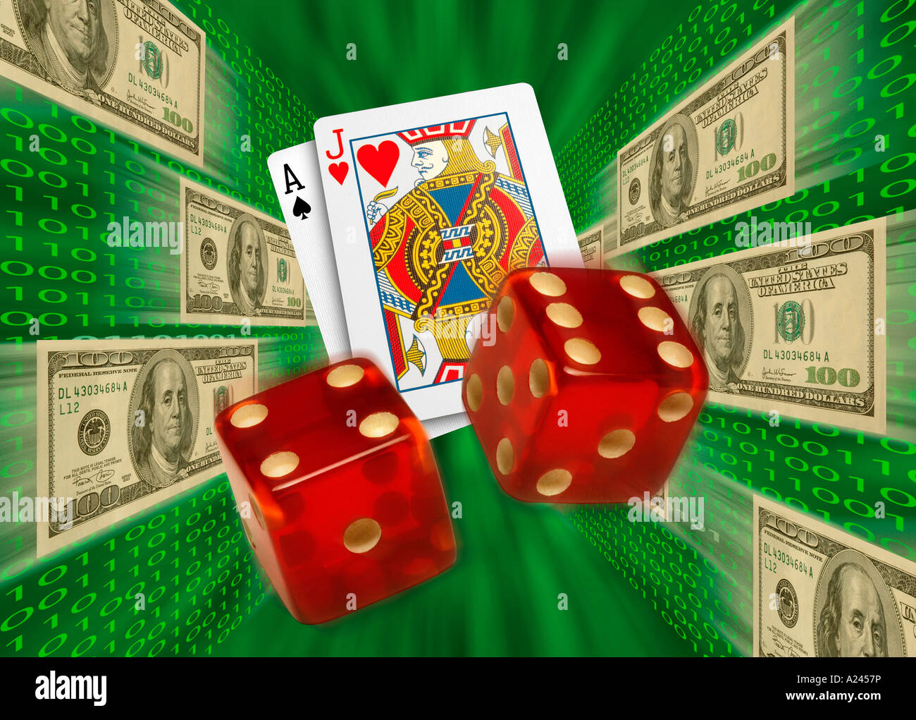 Cards and dice flying by $100 bills and binary code. Internet gambling Stock Photo