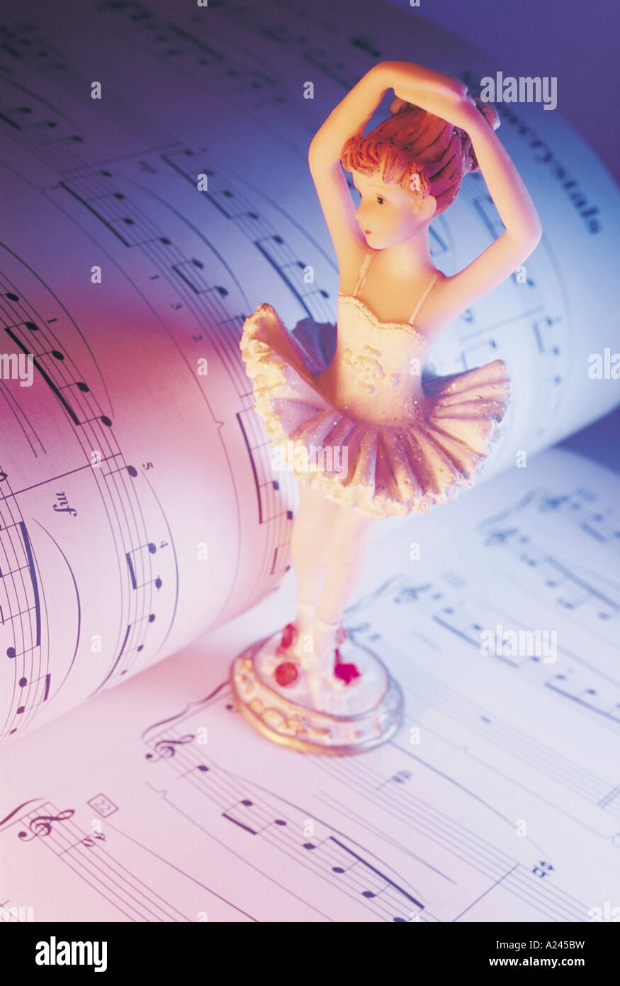 Ballerina Figurine on Music Score Stock Photo
