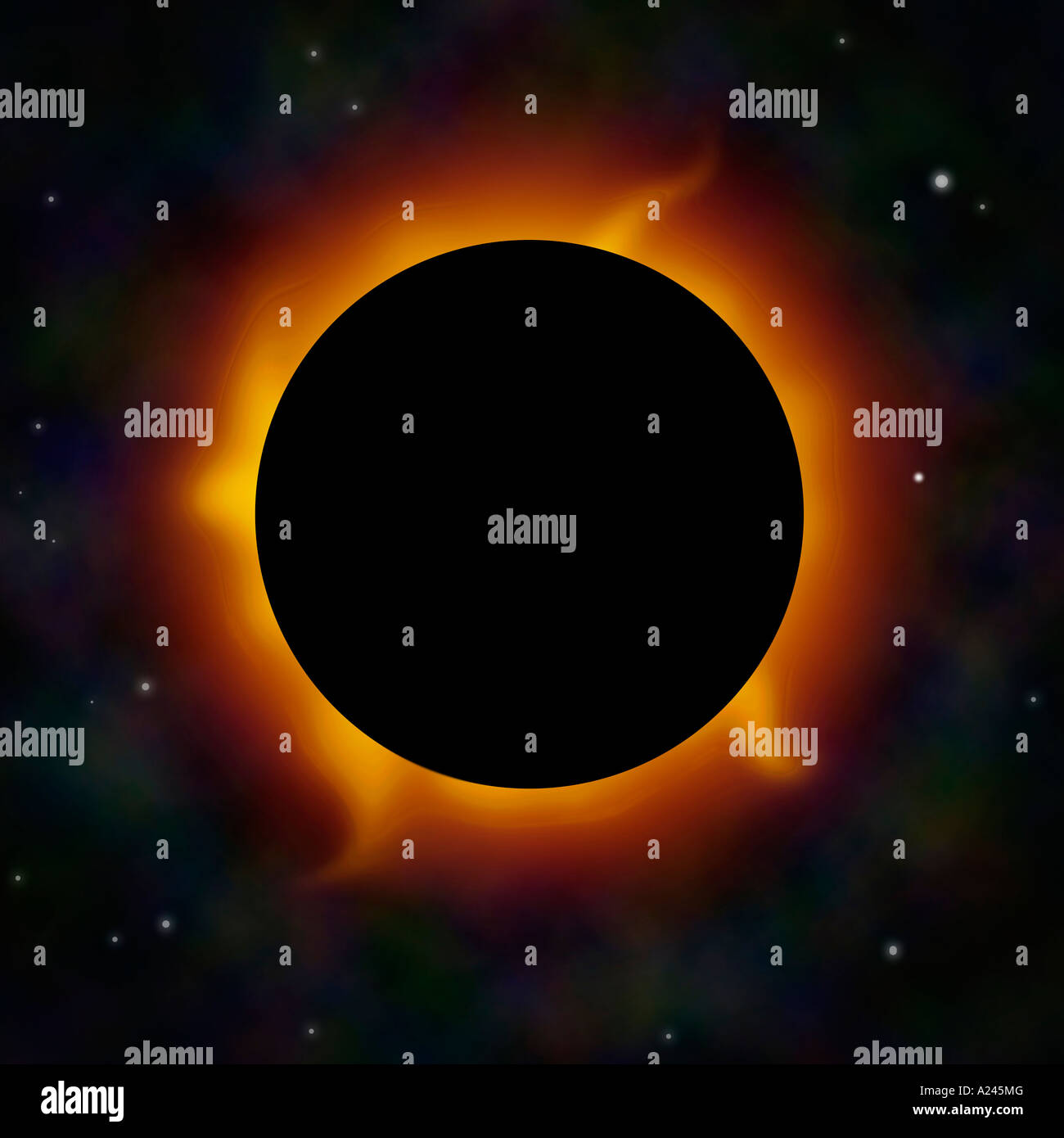 A solar eclipse with solar flares in space Could also represent a black hole Stock Photo