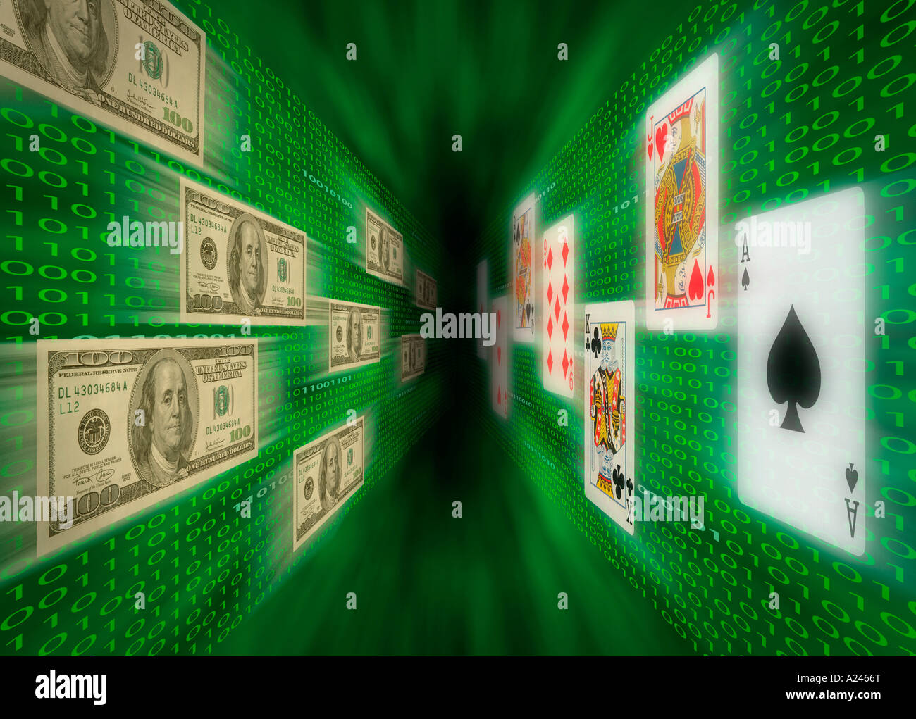Playing cards and $100 bills flying along walls of binary code possibly ...
